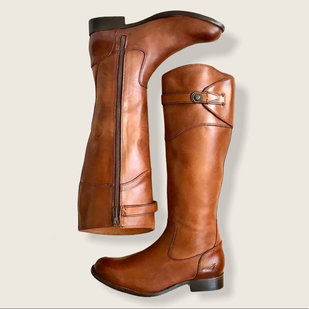 $399 Frye Molly Button Cognac Brown Leather Knee High Tall Zip Up Riding Boot - Picture 16 of 16